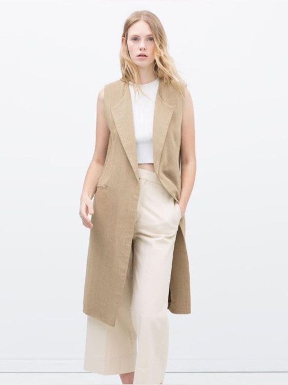 Massimo Dutti Long Beige Oatmeal Linen Sleeveless Tailored Vest Open Front S / M